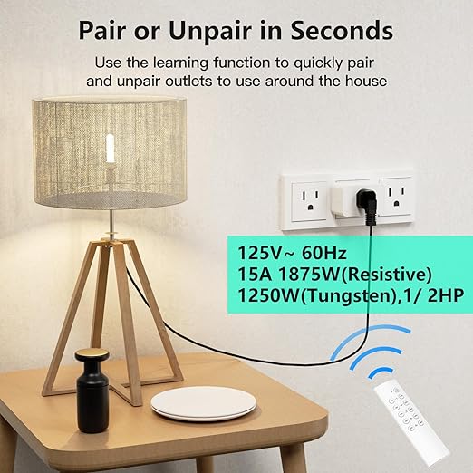 G-Homa Remote Control Outlet, Wireless Electrical Outlets Switch Plug for Household Appliances, Christmas Lights, 100FT Long Range, Learning Code, 1875W/15A, FCC & ETL Listed (5 Sockets+2 Remotes)