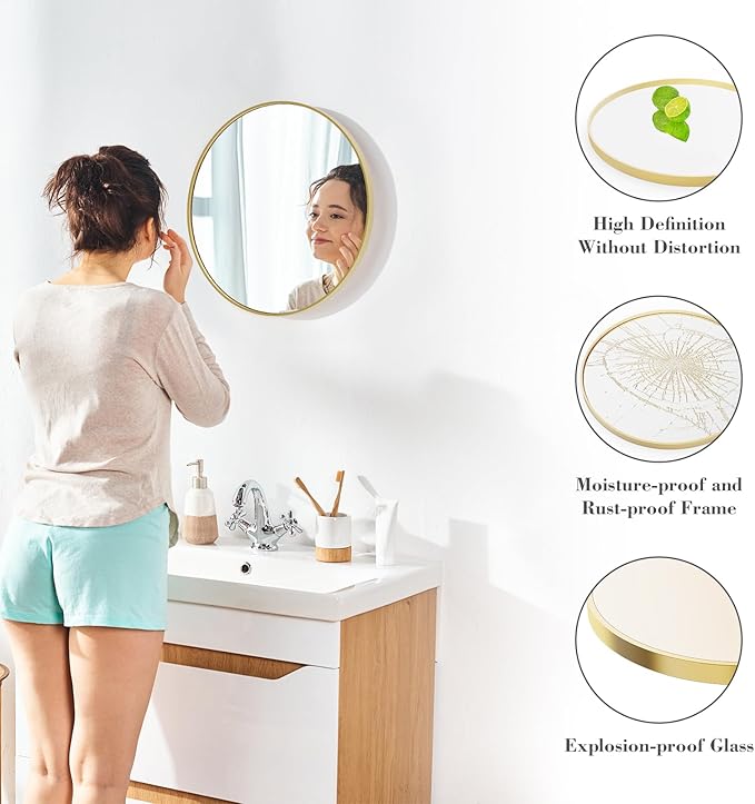 Sweetcrispy 20in Round Bathroom Mirrors for Wall, Bathroom Mirrors for Over Sink, Wall Decor for Bathroom, Entryway, Bedroom, Vanity, Classical Gold