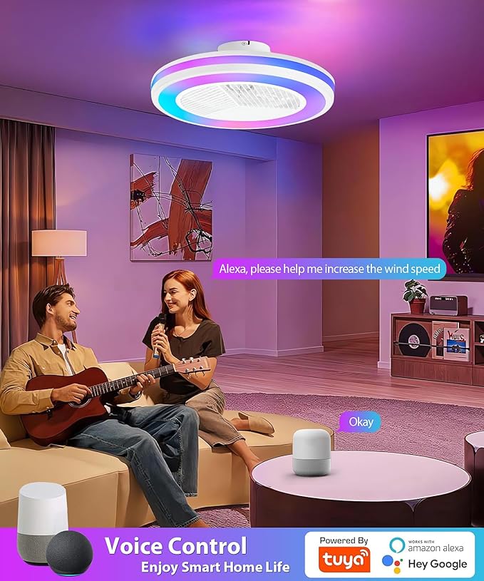 2-in-1 Low Profile Ceiling Fan with Light, 20” Caged Safety Design for Kids - RGB Color, Smart APP/Remote Control, Quiet Flush Mount DC Motor, Triangle, Ideal for Bedroom/Living Room/Kitchen, White