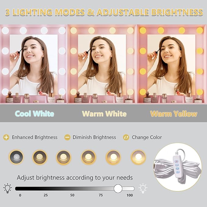 Makeup Vanity Desk with Mirror and Lights, Pink Vanity Table Set with Storage Drawers, Charging Station & Cabinets, Large Dressing Table with RGB Ambient Light for Women Girls Bedroom Bathroom