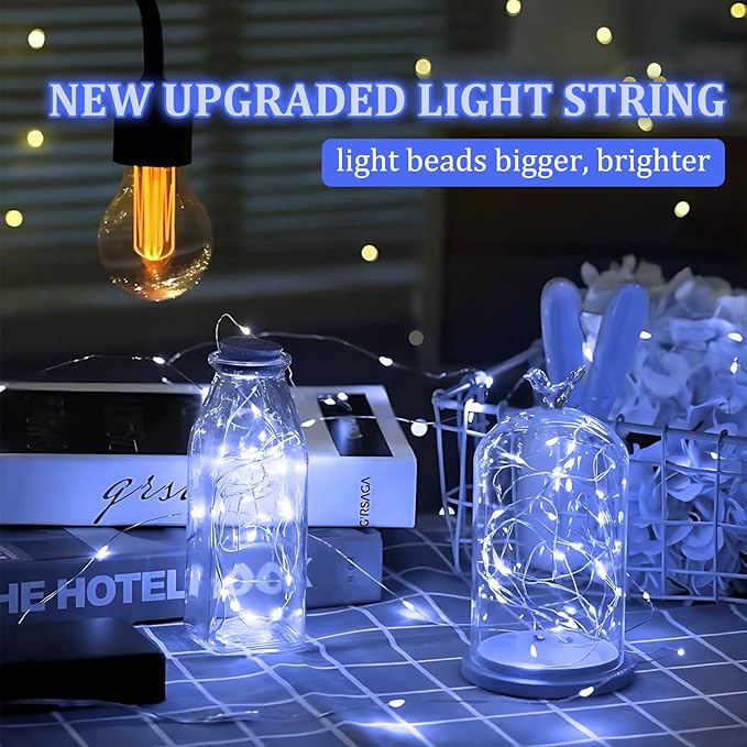2 Pack Led Fairy Lights Battery Operated String Lights Waterproof Silver Wire 7 Feet 20 Led Firefly Starry Moon Lights for DIY Wedding Party Bedroom Patio Christmas (2 Pack, White)
