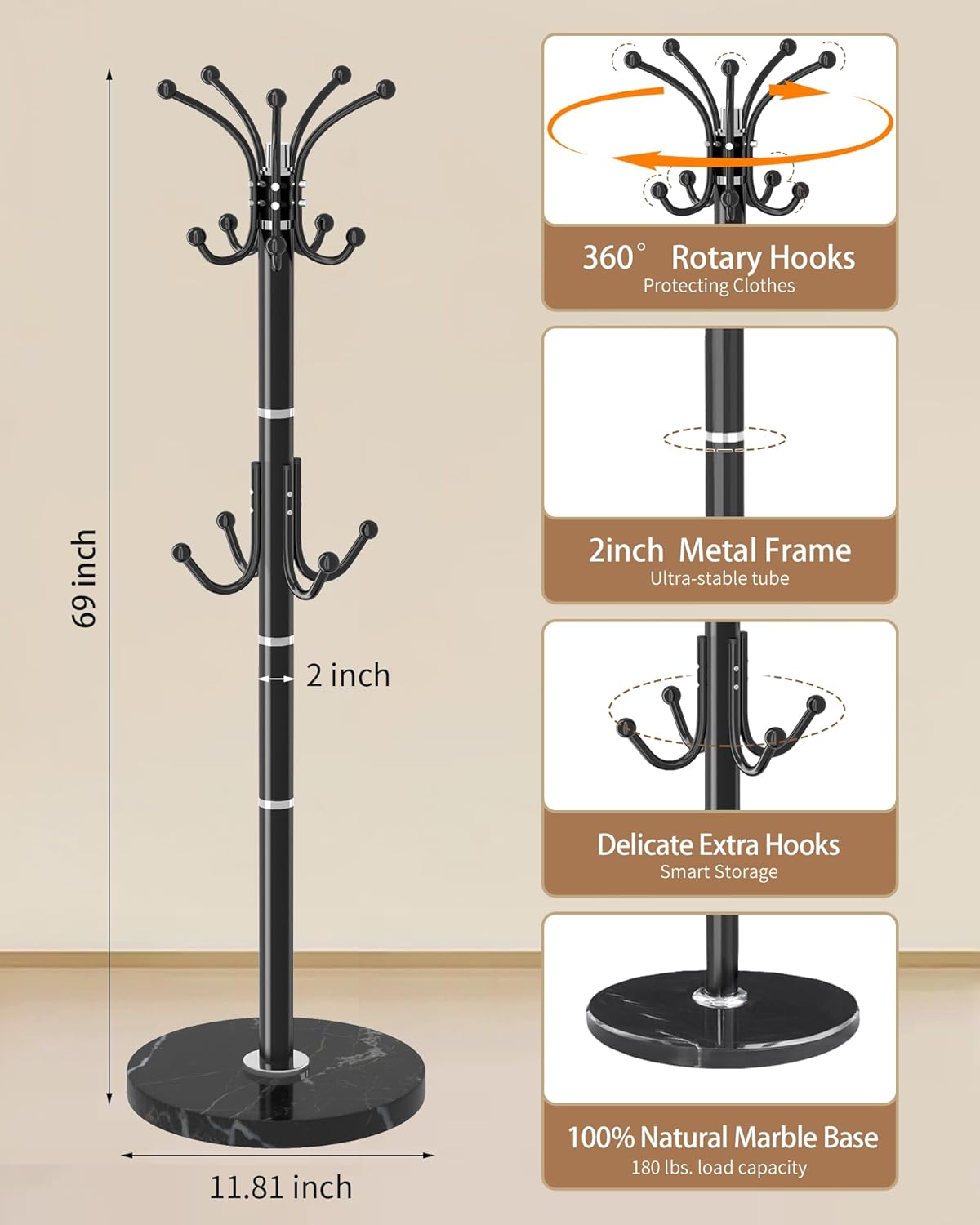 EZIVIEZ Modern Coat Rack Stand, 360° Rotary Metal Freestanding Coat Rack with Natural Marble Base, Black Coat Racks and Coat Hanger Tree Jacket Stand with 14 Hooks for Office, Entryway, Hallway