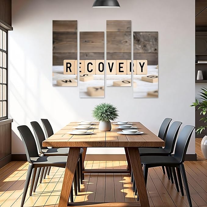 Canvas Wall Art Prints Pictures Recovery from wooden letters Framed Posters Modern Wall Painting Artwork Gift Home Decor for Living Room Ready to Hang 4 Panel