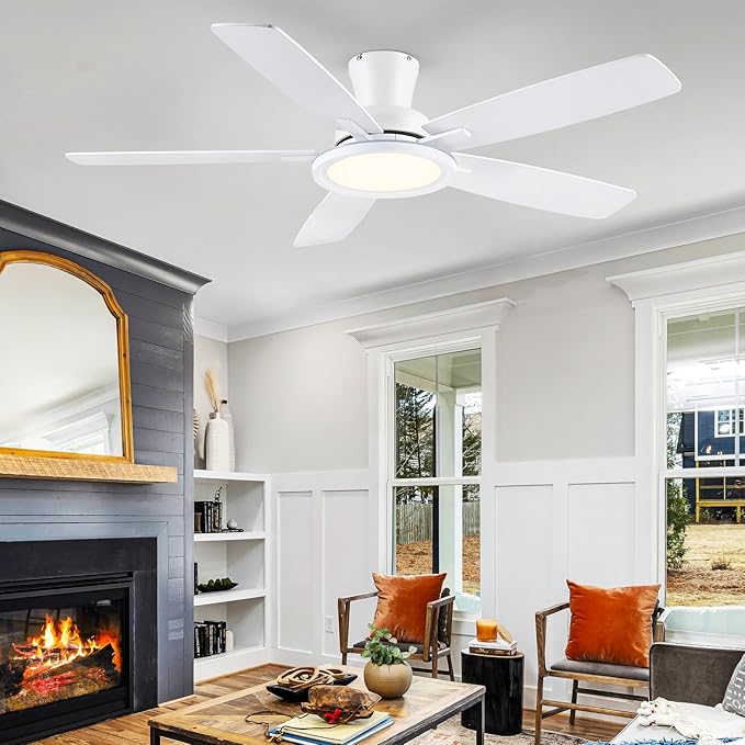 52In Flush Mount Ceiling Fans with Lights - White Low ProfileCeiling Fan with Remote/APP, Reversible, 3CCT Dimmable, Modern Fan Light for Indoor Living Room, Outdoor Covered Patios