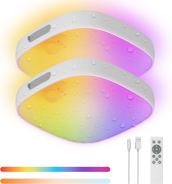 FULEN Shower Lights IP65 Waterproof, Motion Sensor Ceiling Light, Rechargeable Closet Light with 10000mAh Battery, LED Shower Lamp, Cordless Ceiling Lamp with RGB Colors, Remote Control, 2 Pack