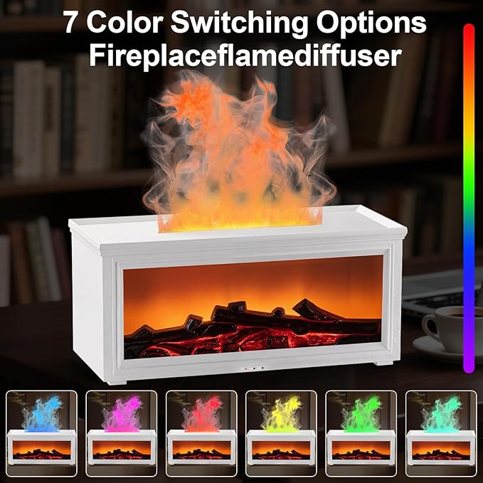 Fireplace Essential Oil Diffuser Humidifier - Ultrasonic Aroma Diffuser with 7-Color Flame Effect, Remote Control & Auto-Off Timer for Bedroom, Home Office,Yoga(White)