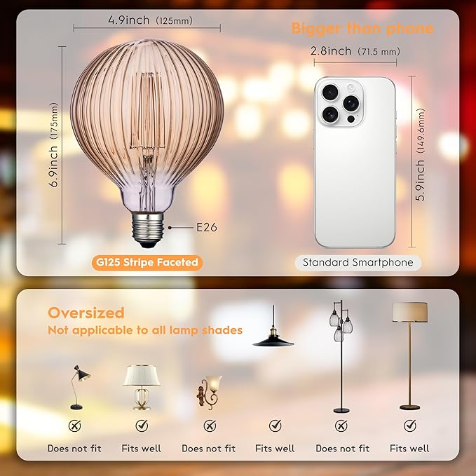 Light Bulbs, 4W Dimmable Decorative Large Unique Amber Globe G125 Edison LED Bulbs with Squirrel Cage Filament, E26 Medium Base, 2200K Warm Ambient Mood Lighting for Indoor Decoration, 4 Pack