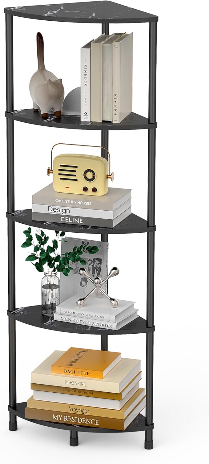 Book Shelf Corner Shelf, 5 Tier Corner Bookshelf Display for Living Room Decor, 44.1" Standing Bookcase Organizer, Marble Black Storage Shelves for Bedroom, Bathroom, Small Space