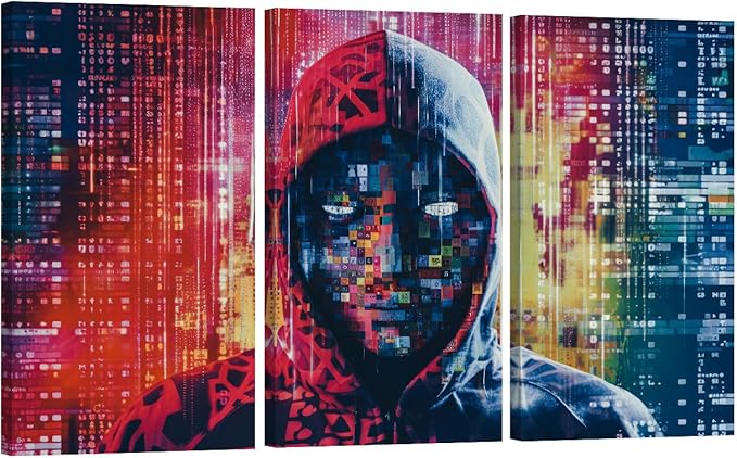 LSIUHWUWI Wall Art for Living Room 3 Panel Hacker in Mask on Dark Background with Digital Effects Pictures Posters Wall Decor for Home Office, Wooden Framed Ready to Hang, 20x40inchx3