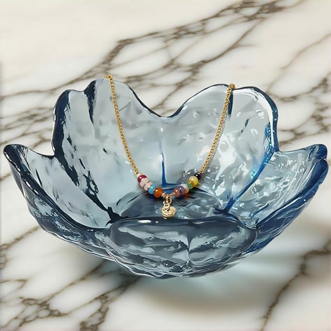 Blue Crystal Flower Jewelry Ring Dish, Clear Trinket Bowl, Cute Nightstand Decor Ring Holder for Women, Home Decor Gifts for Women, Wedding, Birthday, Mother's Day