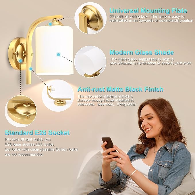 CANMEIJIA Gold Wall Light Fixtures, Wall Sconce 1 Light, Gold Wall Lamp Bathroom Vanity Lightting for Mirror Bedroom Hallway Kitchen Porch, Milky White Glass Shades, E26 Socket, Bulbs Not Included