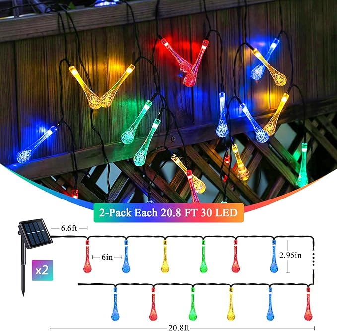 JMEXSUSS 2 Pack Solar String Lights Outdoor Waterproof, Total 41.6FT 60 LED Teardrop Water Drop Solar Lights, Multi Colored Christmas Lights for Outside Garden Patio Yard Tree Christmas Decorations