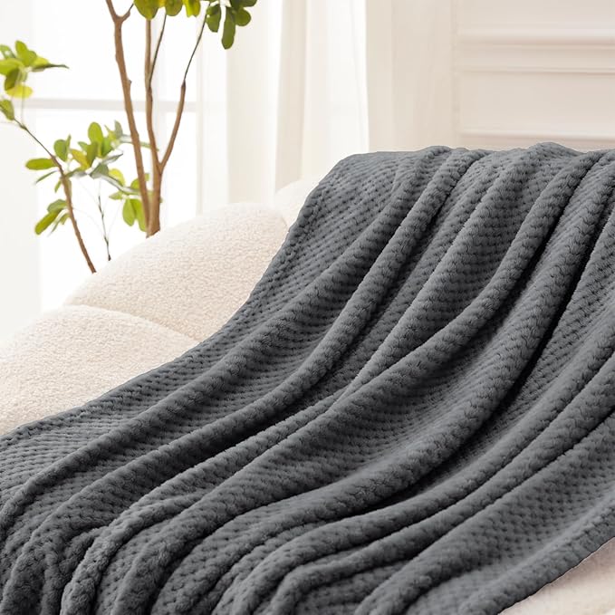 Exclusivo Mezcla Fleece Bed Blanket Queen Size, Super Soft and Warm Blankets for Couch, Sofa and Bed Waffle Textured, Cozy, Fuzzy and Lightweight (Dark Grey, 90x90 Inches)
