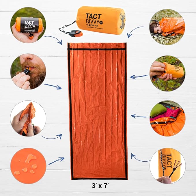 Survival Frog Tact Bivvy 2.0 Emergency Sleeping Bag w/Stuff Sack, Carabiner, Survival Whistle, ParaTinder - Compact, Lightweight, Waterproof, Reusable, Thermal Bivy Sack Cover, Shelter Kit