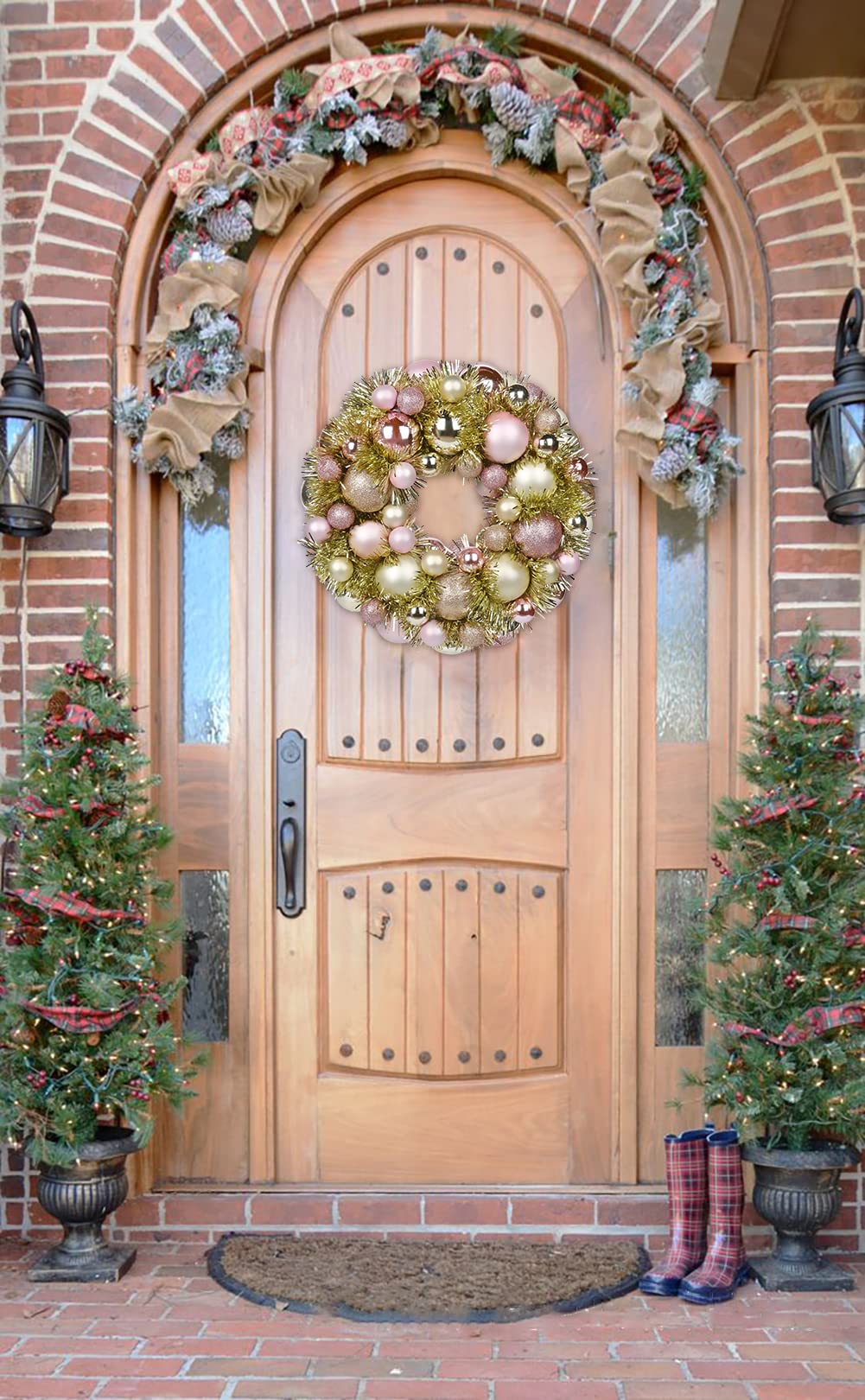 Christmas Ball Wreath 13" Xmas Wreaths Ornaments Glitter Thicken Shatterproof Garland Decoration for Door Wall Mantel Holiday Party Decor, Champagne Gold & Pink