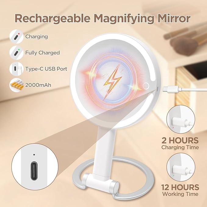 Portable Travel Makeup Mirror with Lights - 3 Color Dimmable Lighting, 360° Rotation, Rechargeable Double-Sided 1X/10X Magnifying Mirror, Adjustable Brightness for Tabletop, Home & On-the-Go Use