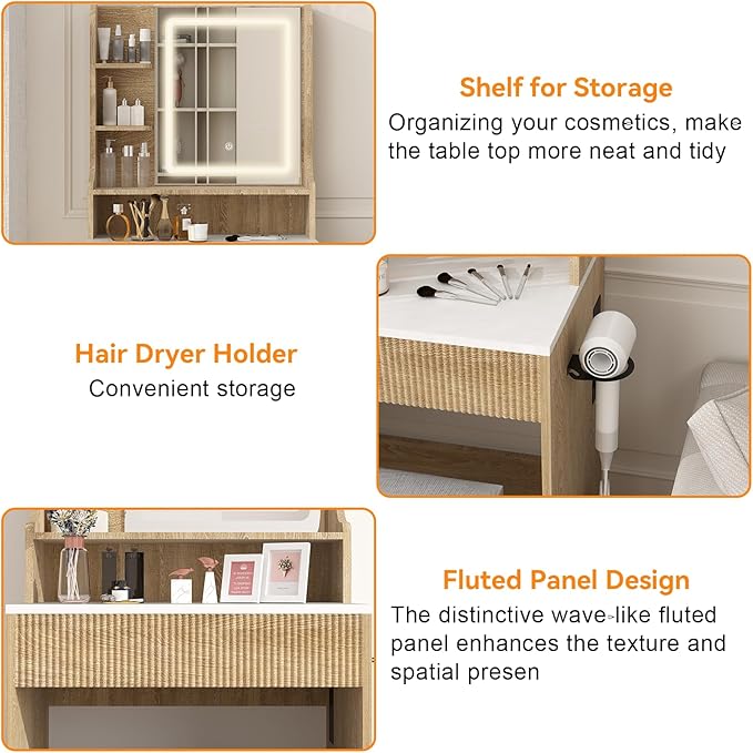 YOURLITE Fluted Makeup Vanity Desk with Mirror and Lights, 24" Small Vanity Table Set with LED Mirror & Stool, Dressing Table for Bedroom