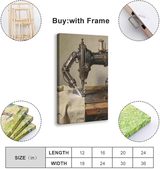 Framed Steampunk Mechanical Sewing Machine Wall Art - Retro Industrial Workshop Poster for Home Office Studio Decor 24x36inch(60x90cm)