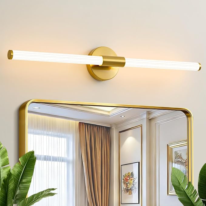 Dimmable LED Bathroom Vanity Lights 360° Full Lighting Bathroom Light Fixtures Over Mirror Vanity Light Bar Modern Wall Sconce Warm White for Bedroom Living Room Hardwired Gold, 30 inch