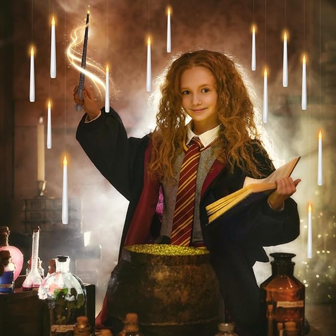 Flameless Floating Candles with Wand，12 Pcs Magic LED Hanging Taper Candles，Flickering Battery Operated Taper Candle with Wand Remote for Halloween Decorations Best Gift（White）