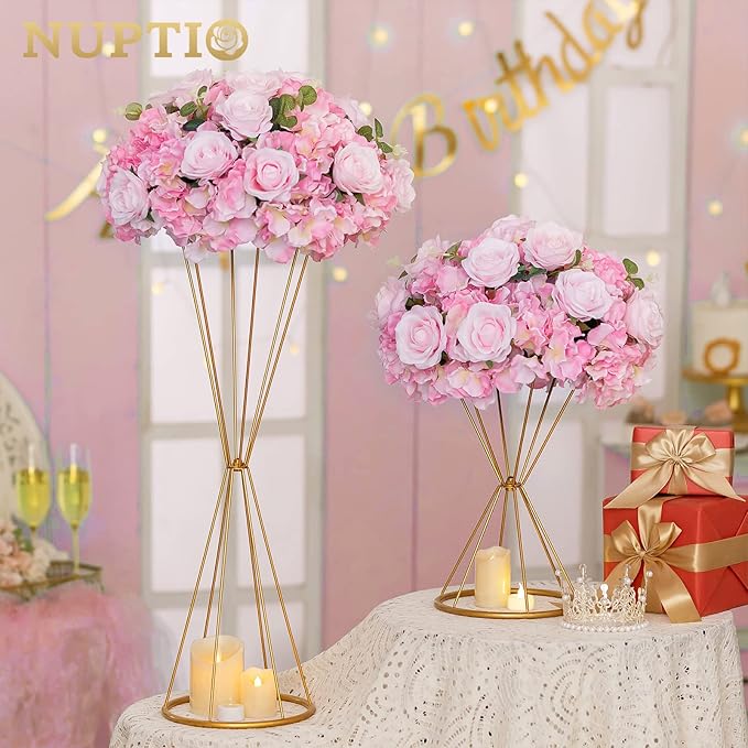 NUPTIO Flower Balls for Wedding Centerpieces - 2 Pcs 15.7 inch Diameter Fake Flower Ball Arrangement Bouquet Party Centerpieces for Tables - Pink Rose Bouquet Centerpiece Flowers for Wedding Table
