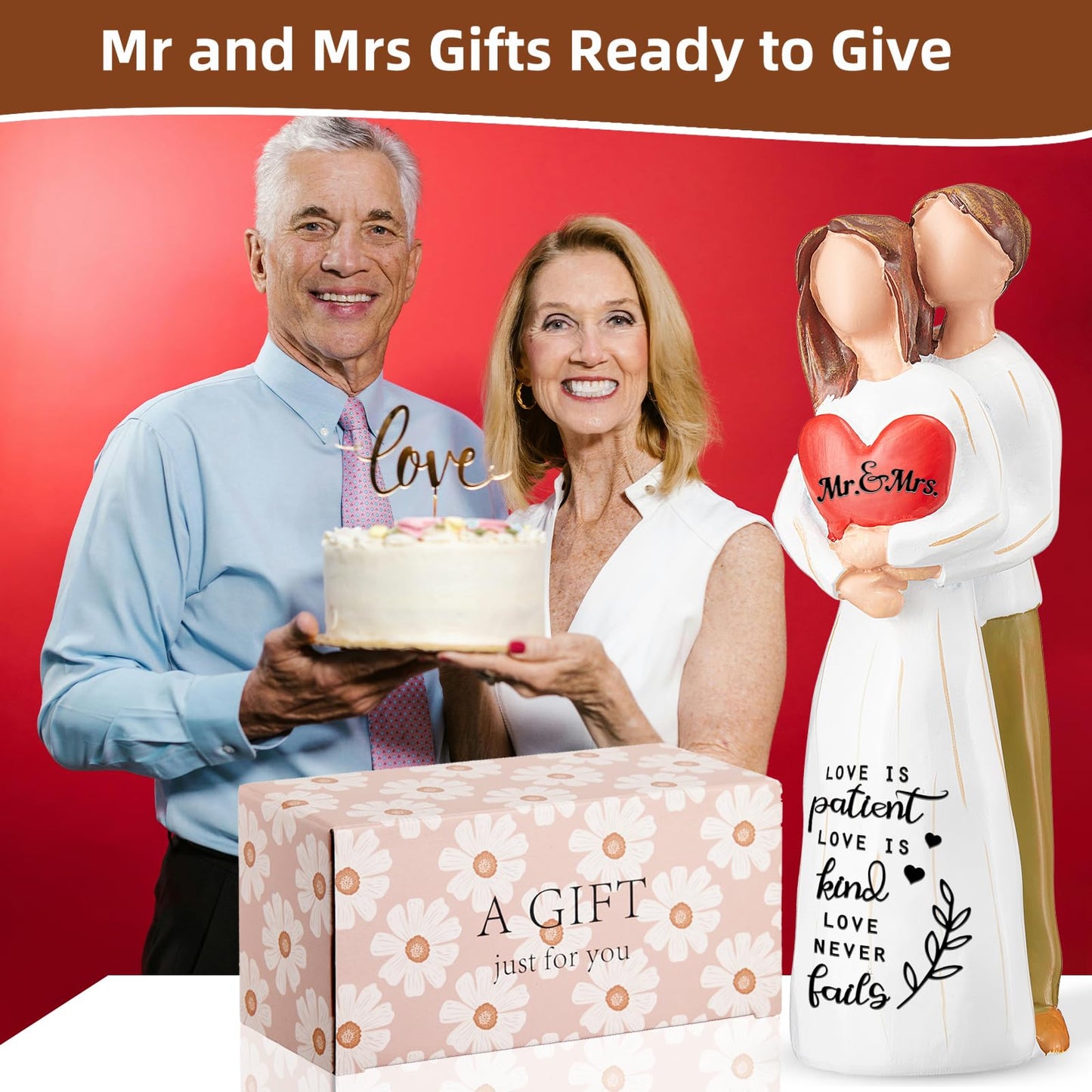 Wedding Gifts for Couple,Bridal Shower Gifts,7" Mr and Mrs Couple Figurine,Engagement Gift for Couples,Love is Patient Love is Kind Sculpted Hand-Painted Figure Gift for Husband Wife