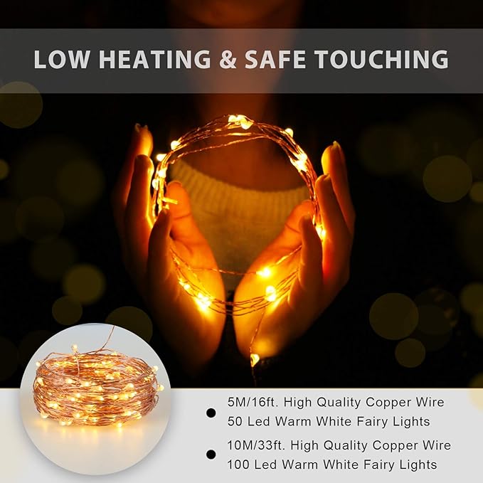 USB LED Fairy String Light, 1 Pack Copper Wire Fairy Lights for Indoor, Bedroom Festival Christmas Wedding Party Patio Decorative Window with USB Interface (33ft./10M,Warm White)