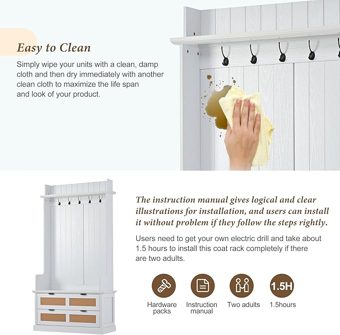 RUNNA Wooden Hall Tree with 5 Metal Hooks and 2 Large Drawers,Organizer with Bench,Top Shelves and Metal Handles,For Hallway Entryway Mudroom Use (White@Hooks)