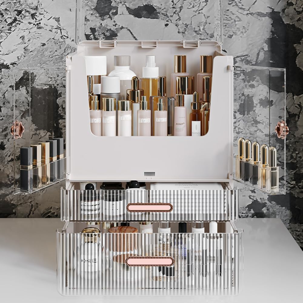 Acrylic Makeup Organizer with Drawers – 38.5CM Large Capacity Cosmetic Storage Box, Dustproof & Waterproof Vanity Organizer for Skincare, Jewelry, Lipsticks & Beauty Products (White)