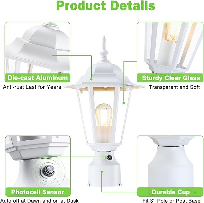 Dusk to Dawn Outdoor Post Light, Pole Lantern, Waterproof Die-Cast Aluminum Pole Light Fixture with Glass, Exterior Post Lamp for Garden Yard Patio Pathway, Matte White, 1-Pack