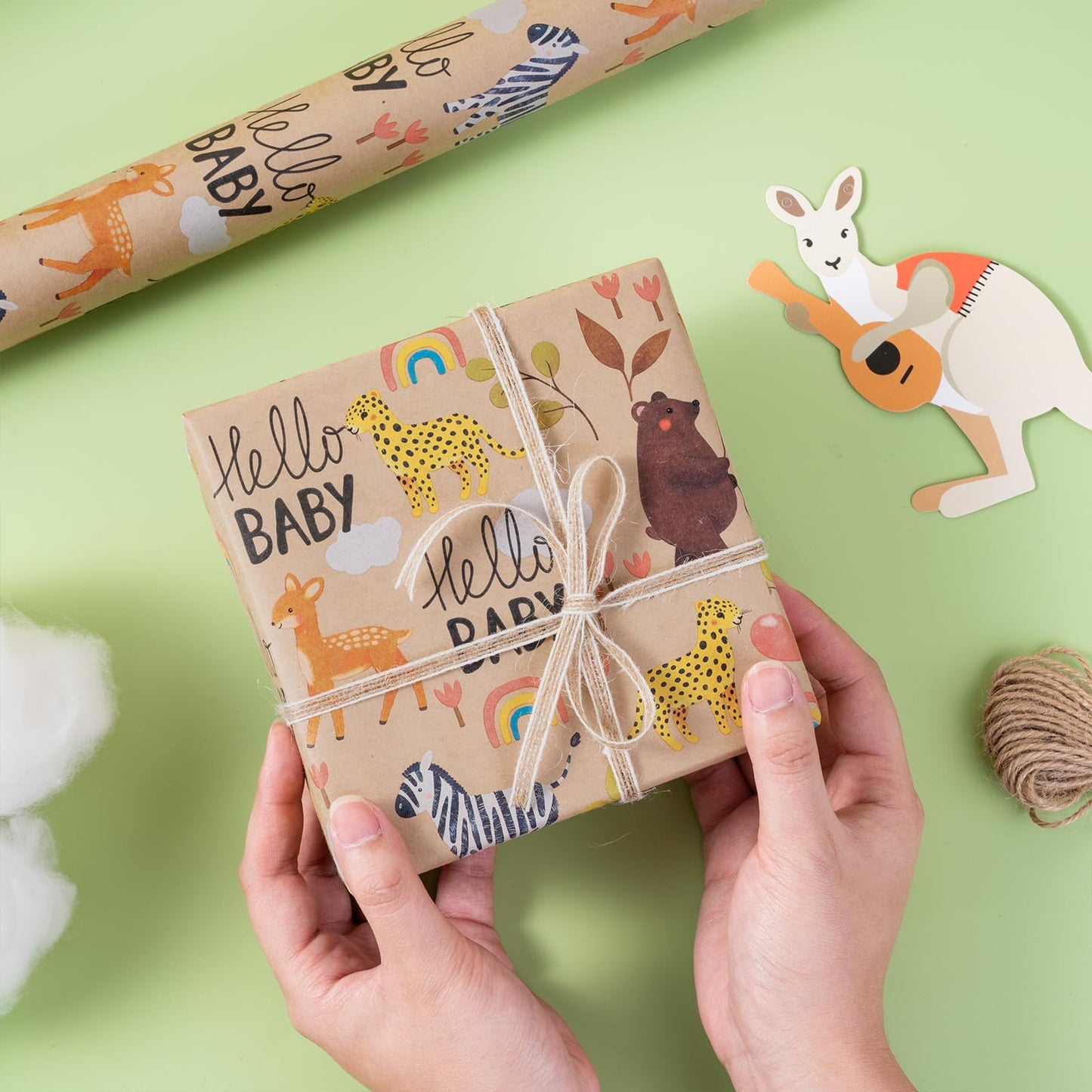 RUSPEPA 30" X 32.8' Baby Shower Wrapping Large Kraft Paper Roll, Jumbo Roll, Adorable Animal Design Kraft Gift Wrap Paper, Ideal for Baby Boy or Neutral Gift Wrapping, Kids' Birthday Party, 82 sq. ft.