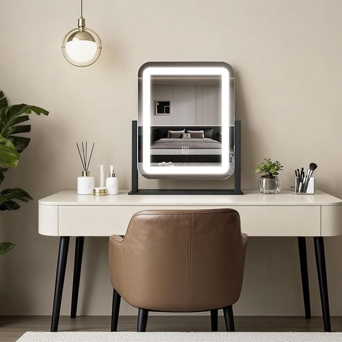 HNV Vanity Mirror with Lights - 15"x13" LED Lighted Makeup Mirror, Dimmable Touch Screen with 3-Color Lighting, 360° Rotation, Black Aluminum Frame for Vanity Desk, Bedroom, Tabletop