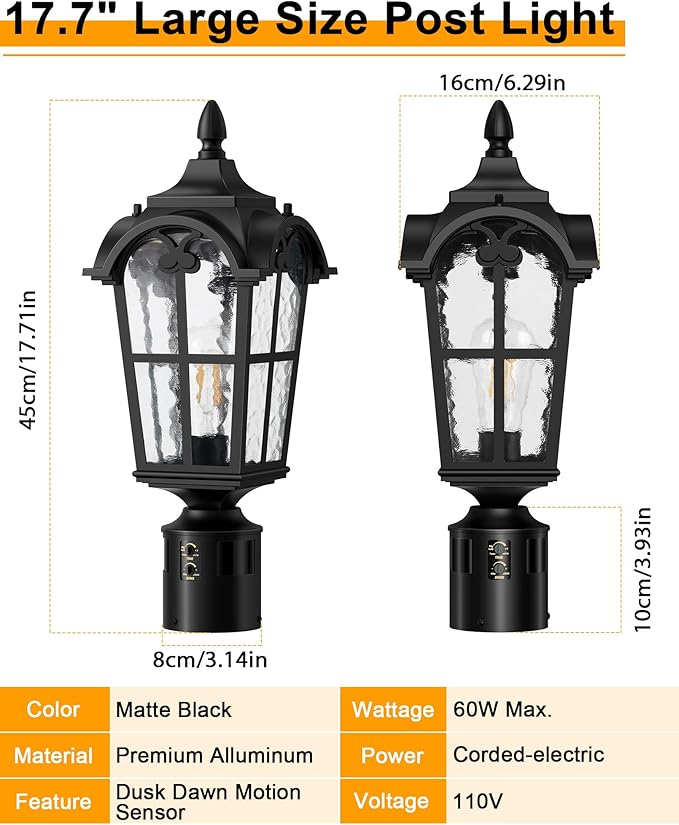 Motion Sensor Outdoor Post Lights,17.7" Dusk to Dawn Lamp Post Light Fixture, 360°Detection 3 Lighting Modes Outdoor Lighting,Waterproof Aluminum Pole Lantern for Yard Patio Pathway Garden