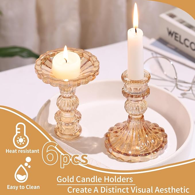 Taper Candle Holder Set of 6, Gold Candle Holder & Vintage Candlestick Holder, Glass Candlestick Holder for Table Centerpieces, Fall, Christmas, Autumn, Thanksgiving Decor