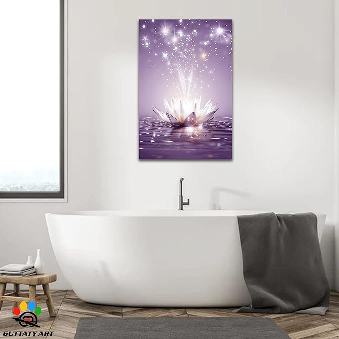 Zen Canvas Wall Art, White Lotus Flower Bloom in Water Picture, Zen Blue Flower Painting, Modern Framed Spiritual Home Artwork for Yoga Spa Meditation Spiritual Room Living Room Office 28x40 inch