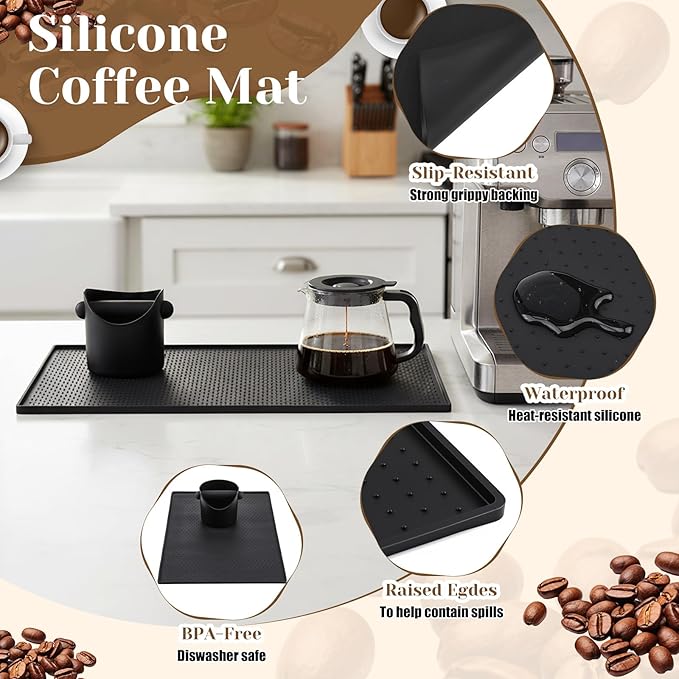 9 Pcs Espresso Knock Box Kit 23.6" x 15.8" Large Silicone Coffee Mat Espresso Tamping Mat with Coffee Station Organizer Removable Rod Coasters Under Machine Accessories Set for Home Barista
