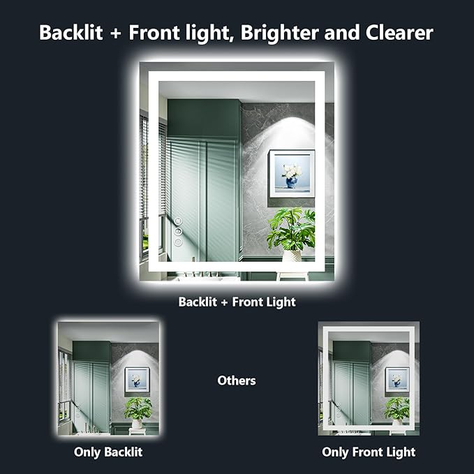 20x30 Inch LED Bathroom Mirror with Lights Front and Backlit Lighted Vanity Mirror for Bathroom Wall with 3 Colors Dimmable Anti-Fog Memory Shatter-Proof IP54 Waterproof Horizontal/Vertical