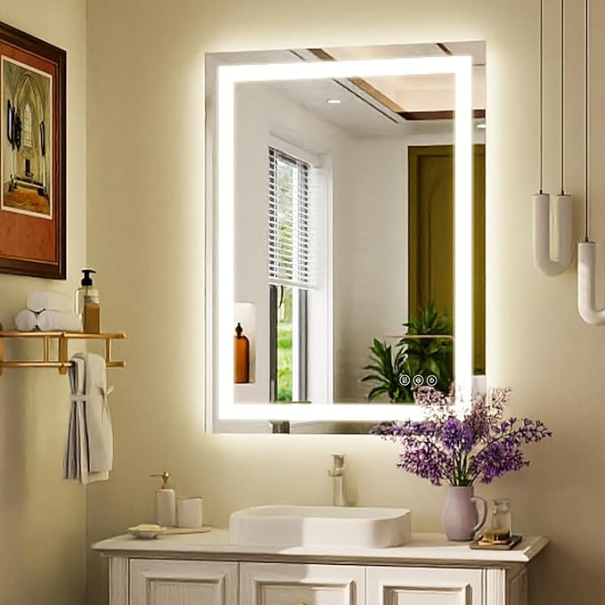 38'' x 26'' LED Bathroom Mirror with Lights, Wall Mirror with Front and Backlight, 3 Colors Vanity Mirror with Lights, Anti-Fog Wall Mirror for Bathroom