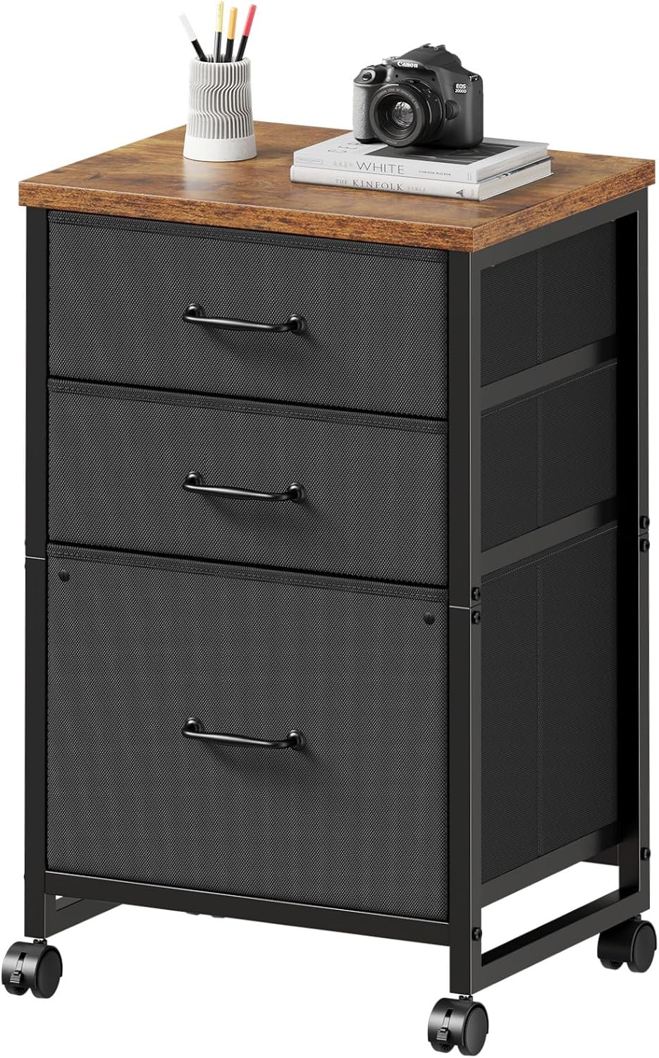 3 Drawer Mobile File Cabinet with Wheels Fabric Vertical Filing Cabinet fits A4 or Letter Size for Home Office,Rustic Brown