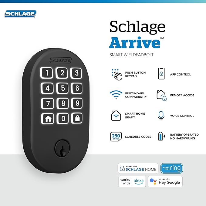 Schlage Arrive WiFi Deadbolt Smart Lock, Keyless Entry Door Lock with Remsen Trim, Matte Black, Compatible with Alexa and Google, BE459WB RMN 622