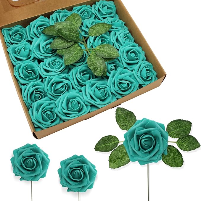 JOYLEX Artificial Flowers Realistic Roses, 50pcs Real Looking Fake Roses with Stem for DIY Wedding Bouquets Centerpieces Bridal Shower Party Home Romantic Decorations (50pcs, Dark Turquoise)