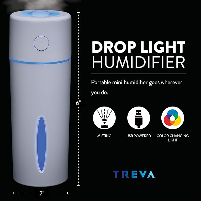 Treva Portable Mini Humidifier 150 ml Capacity, Cool Mist Ultrasonic Humidifier with Colored Light, USB Powered, Whisper Quiet with 2 Misting Modes