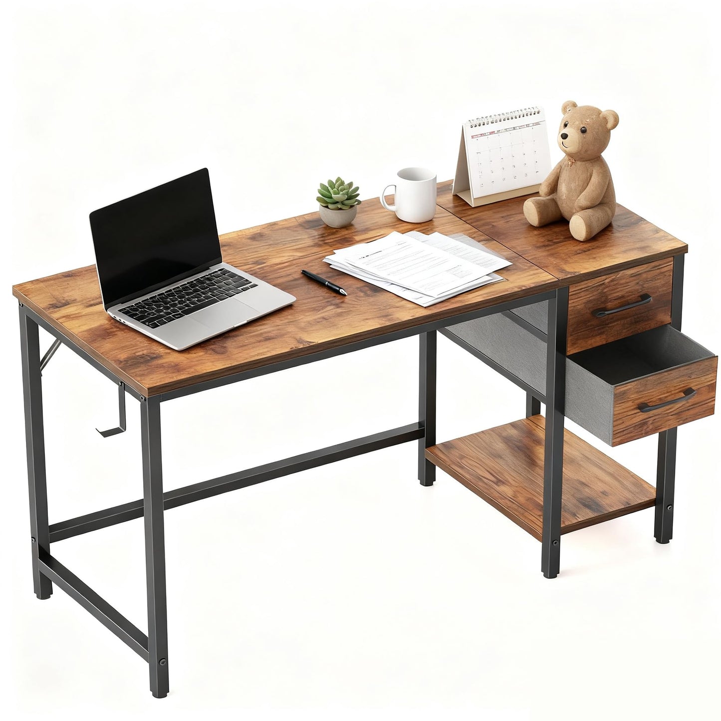 Cubiker Computer Home Office Desk with Drawers, 47 Inch Small Desk Study Writing Table, Modern Simple PC Desk, Vintage Brown