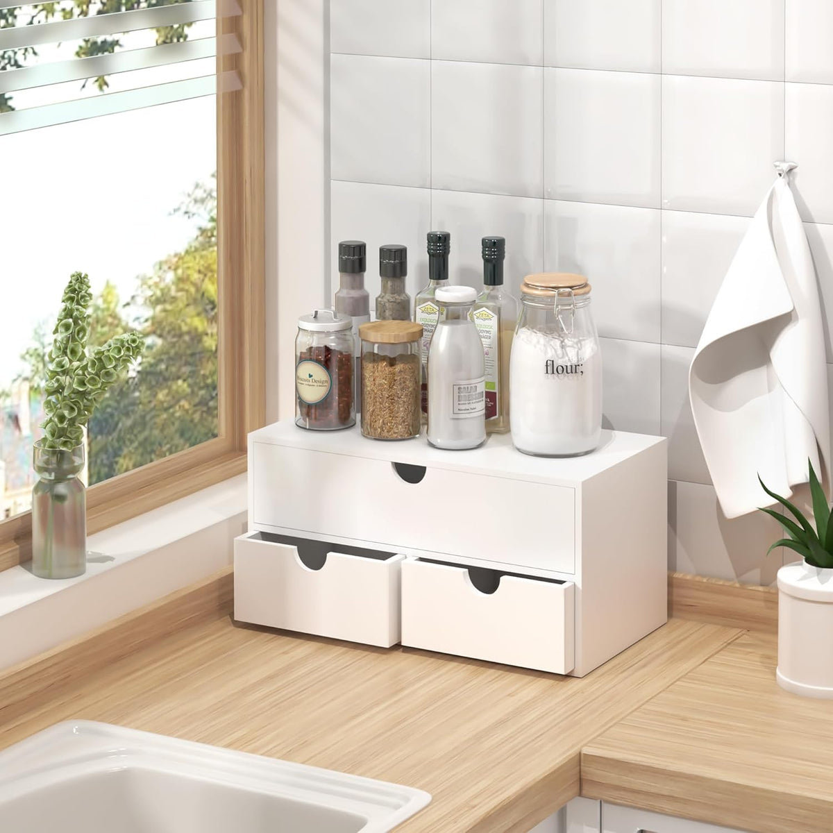 Bamboo Desk Organizer with Drawers Desktop Storage Drawers for Bills Office Supplies Kitchen Utensils Organizing Tool for Home Classroom Organization No Assembly (White)