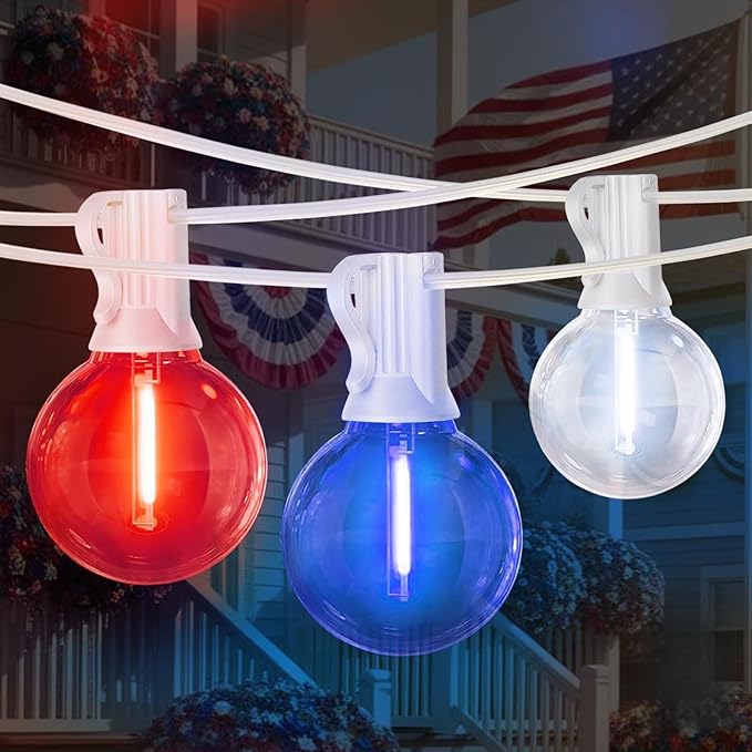 LAMPHOME 2 Pack 26Ft LED G40 Red White and Blue String Lights Outdoor, 4th of July Patriotic Lights with 12+1 Shatterproof Bulbs, Memorial Day Independence Day Decor for Yard Garden Patio