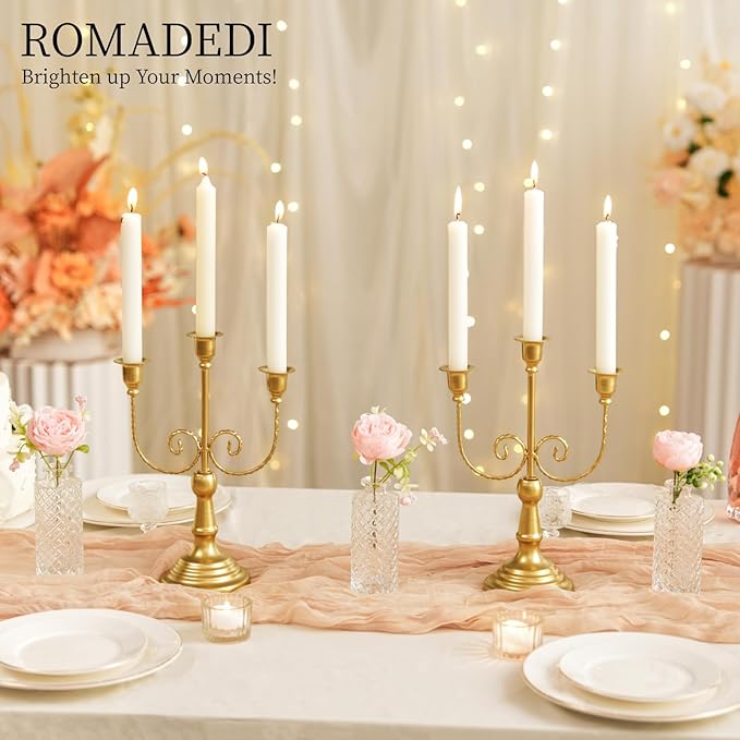 Romadedi Candelabra Gold Candle Holders - 3 Arm 11.8" Wedding Candlestick Holder for Theme Party Table Centerpiece Decor Dining Room Birthday Holiday Christmas, Set of 6