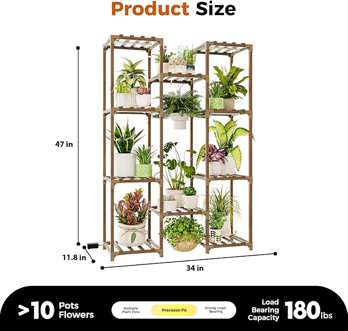Bamworld Plant Stand with Grow Light Plant Shelf for Mutiple Pots Large Plant Holder for Living Room Patio Boho Home Decor for Gardening Warm Light