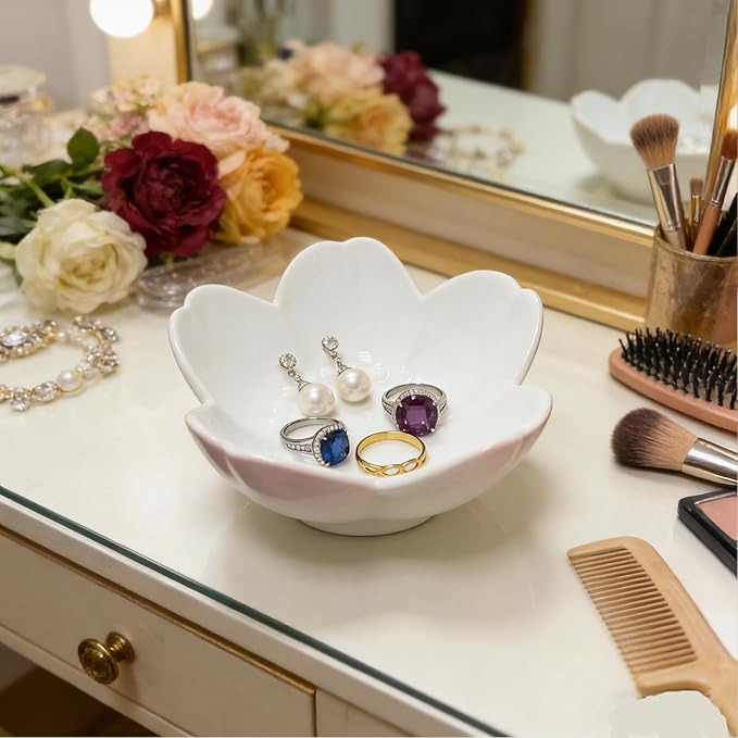 Ceramic Jewelry Dish, White Small Jewelry Bowl, Flower Ring Dsih Decorative Jewlery Tray, Cute Trinket Tray Jewelry Holder for Bathroom Nightstand, Friendship Birthday Gifts for Women Mom