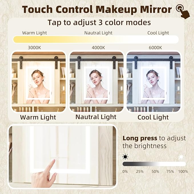 EROMMY 42" Farmhouse Makeup Vanity Desk with Lighted Mirror & Power Strips, Vanity Table with Sliding Barn Door, Open & Hidden Shelves, Drawers, Jewelry Cabinet, White Dressing Table, Light Adjustable