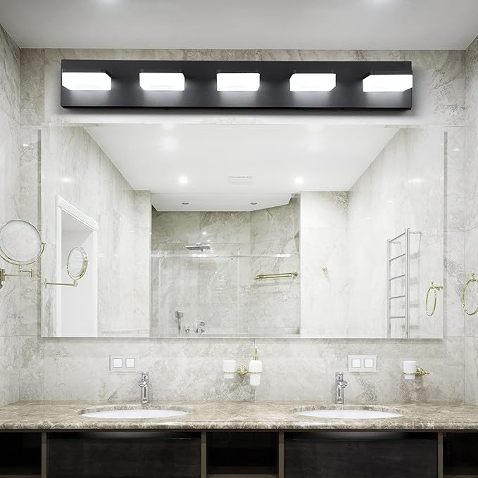 3 Colors Dimmable Black Vanity Light, LED Bathroom Light Fixtures over Mirror, Acrylic Stainless Steel Vanity Lighting Fixtures, 5 Light Bathroom Vanity Light,Adjustable 3000K/4000K/6000K,360° Rotate